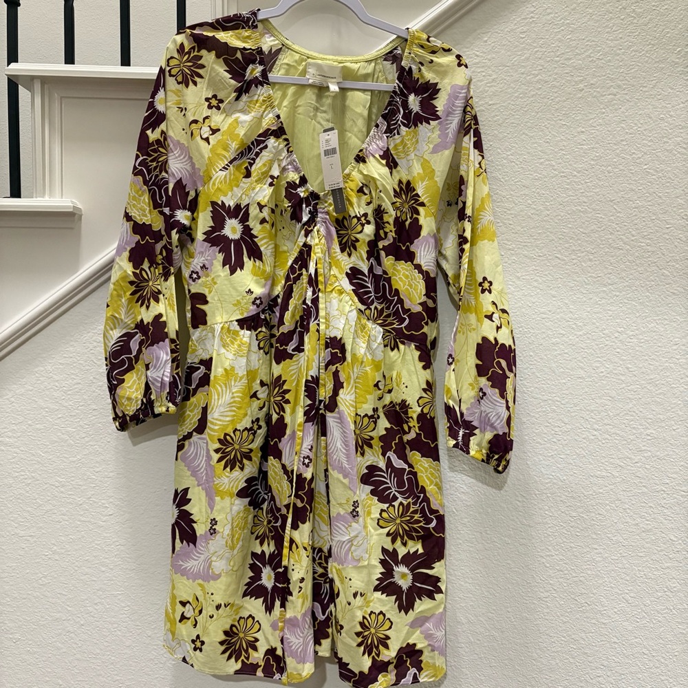 NWT Anthropologie Yellow and Burgundy Floral Mini Dress